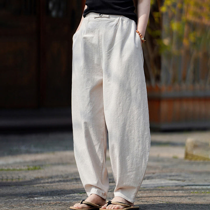 Buddha Stones Sommer Einfarbige Herrenhose aus Baumwoll-Leinen-Mischgewebe mit geradem Bein und Taschen, chinesischem Froschknopf-Design - image 6