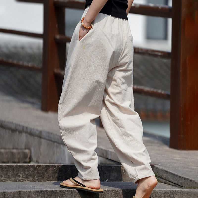Buddha Stones Sommer Einfarbige Herrenhose aus Baumwoll-Leinen-Mischgewebe mit geradem Bein und Taschen, chinesischem Froschknopf-Design - image 3