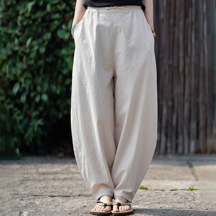 Buddha Stones Sommer Einfarbige Herrenhose aus Baumwoll-Leinen-Mischgewebe mit geradem Bein und Taschen, chinesischem Froschknopf-Design - image 11
