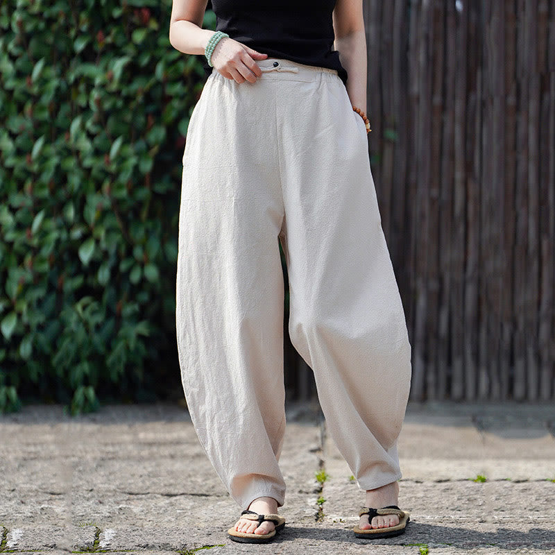 Buddha Stones Sommer Einfarbige Herrenhose aus Baumwoll-Leinen-Mischgewebe mit geradem Bein und Taschen, chinesischem Froschknopf-Design - image 9