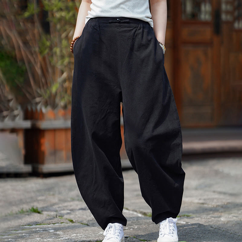 Buddha Stones Sommer Einfarbige Herrenhose aus Baumwoll-Leinen-Mischgewebe mit geradem Bein und Taschen, chinesischem Froschknopf-Design - image 23