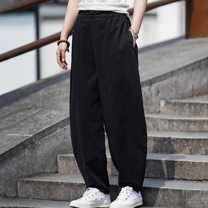 Buddha Stones Sommer Einfarbige Herrenhose aus Baumwoll-Leinen-Mischgewebe mit geradem Bein und Taschen, chinesischem Froschknopf-Design - image 20