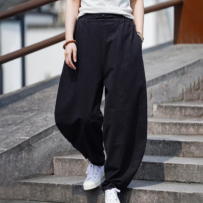 Buddha Stones Sommer Einfarbige Herrenhose aus Baumwoll-Leinen-Mischgewebe mit geradem Bein und Taschen, chinesischem Froschknopf-Design - image 19