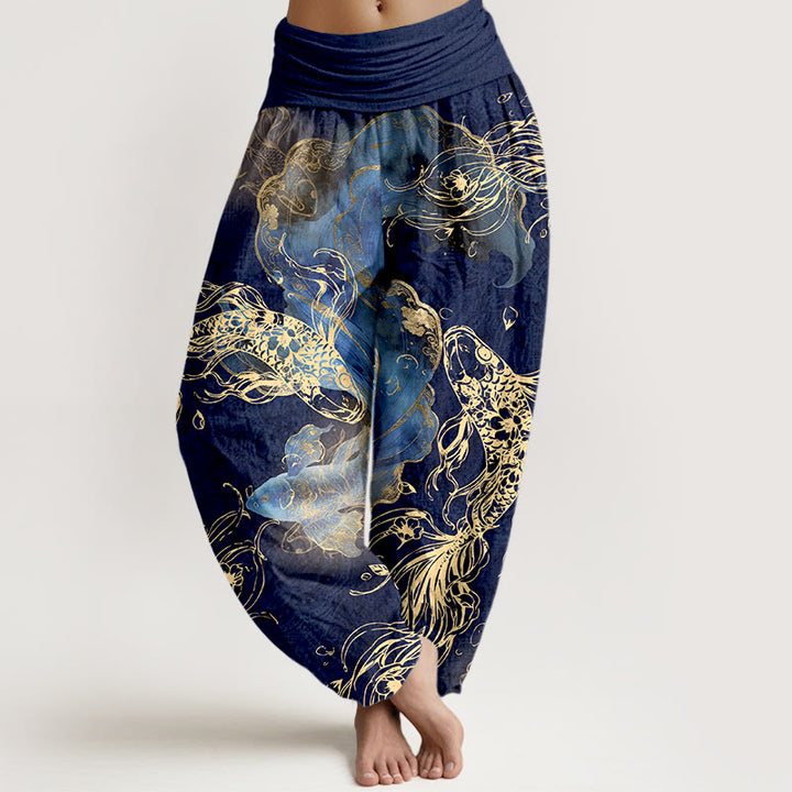 Buddha Stones Damen-Haremshose aus reiner Baumwolle mit lebhaftem Koi-Fisch-Muster und elastischem Bund - Dunkelblau - US16, UK/AU20, EU48 (3XL) - image 0