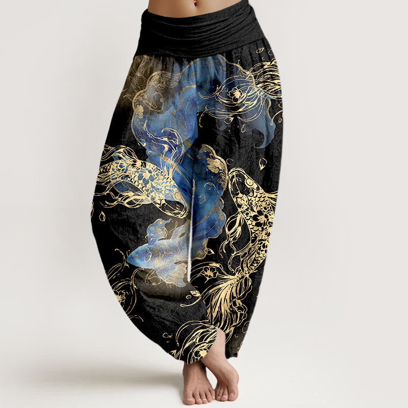 Buddha Stones Damen-Haremshose aus reiner Baumwolle mit lebhaftem Koi-Fisch-Muster und elastischem Bund - Schwarz - US16, UK/AU20, EU48 (3XL) - image 5