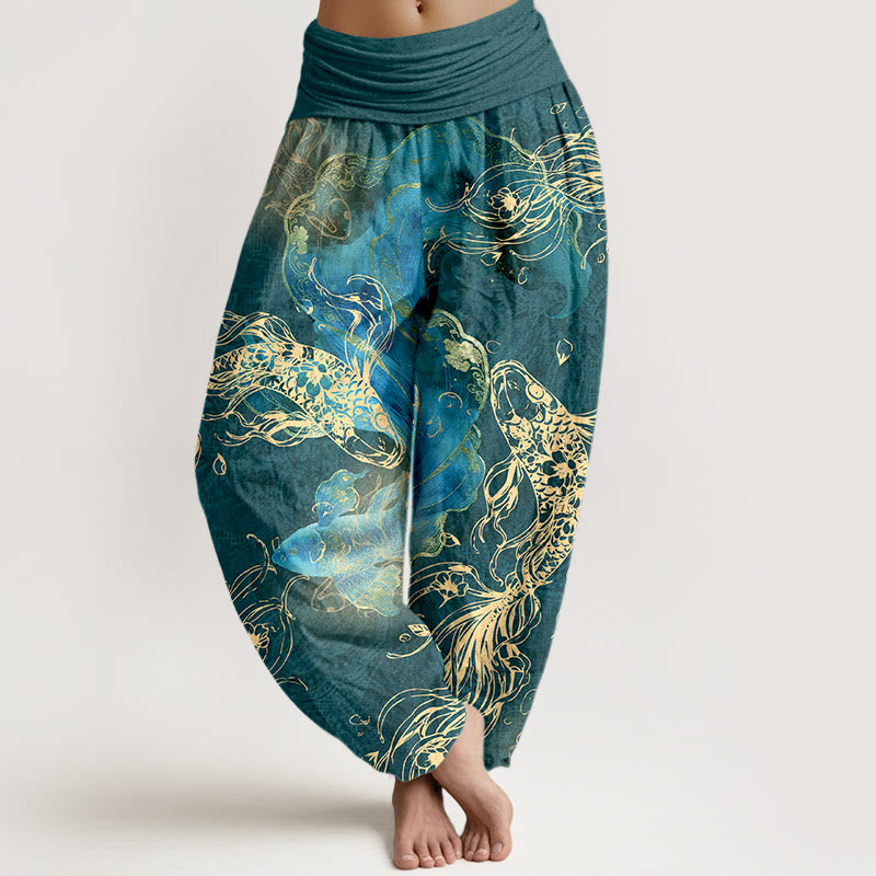 Buddha Stones Damen-Haremshose aus reiner Baumwolle mit lebhaftem Koi-Fisch-Muster und elastischem Bund - Türkis - US16, UK/AU20, EU48 (3XL) - image 8