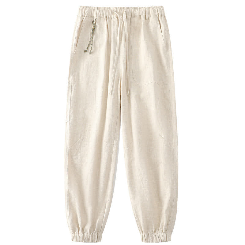 Buddha Stones Sommer-Herrenhose aus Ramie-Leinen-Baumwolle, knöchellang, mit elastischen Bündchen, schmal zulaufend und mit Taschen - Beige - US/UK/AU46, EU56 (5XL) - image 0