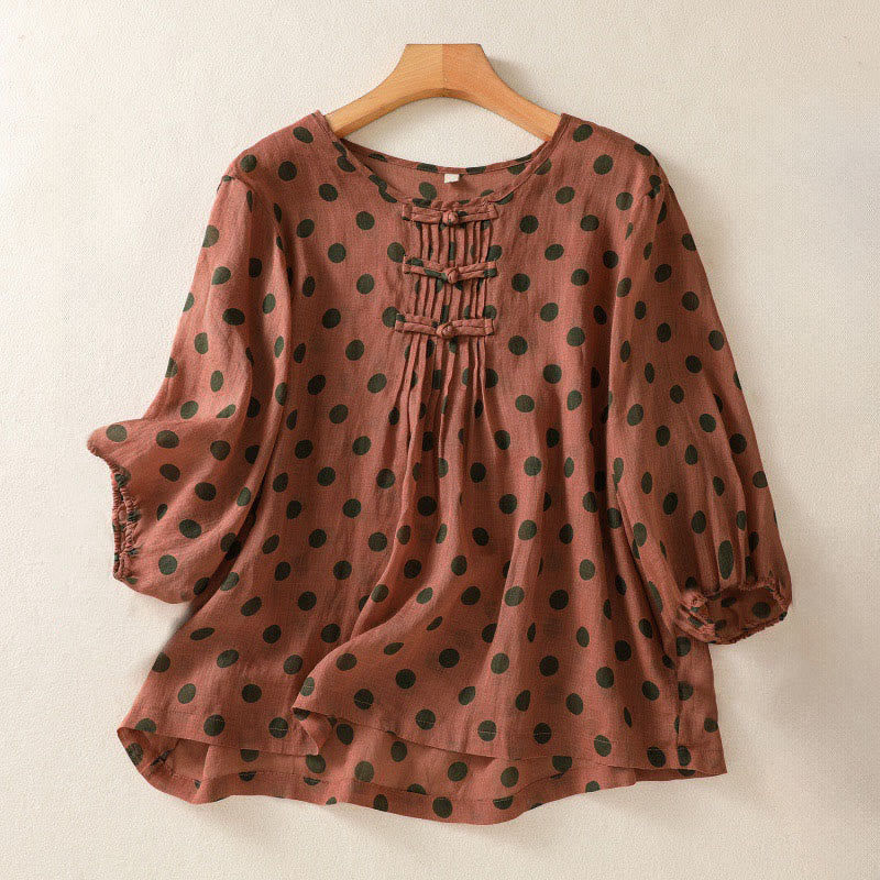 Buddha Stones Herbst Rundhals-Polka-Dots Langarm-Damen-Polyesterhemd  - Feuerfestziegel - US12, UK/AU16, EU44 (2XL) - image 0