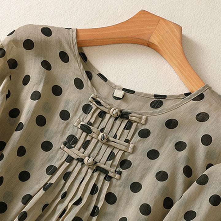 Buddha Stones Herbst Rundhals-Polka-Dots Langarm-Damen-Polyesterhemd  - image 18