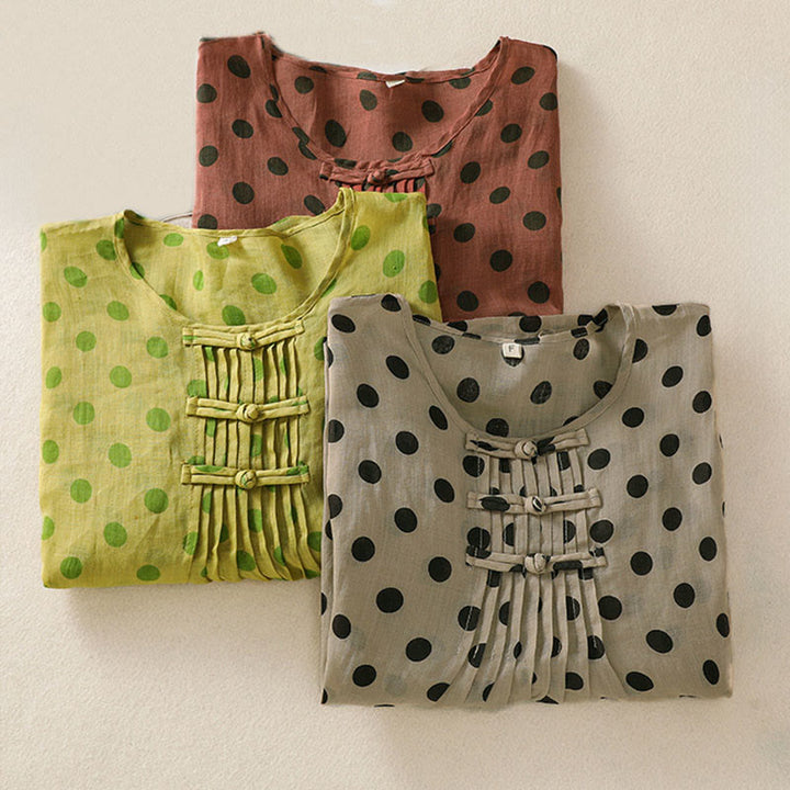 Buddha Stones Herbst Rundhals-Polka-Dots Langarm-Damen-Polyesterhemd  - image 26