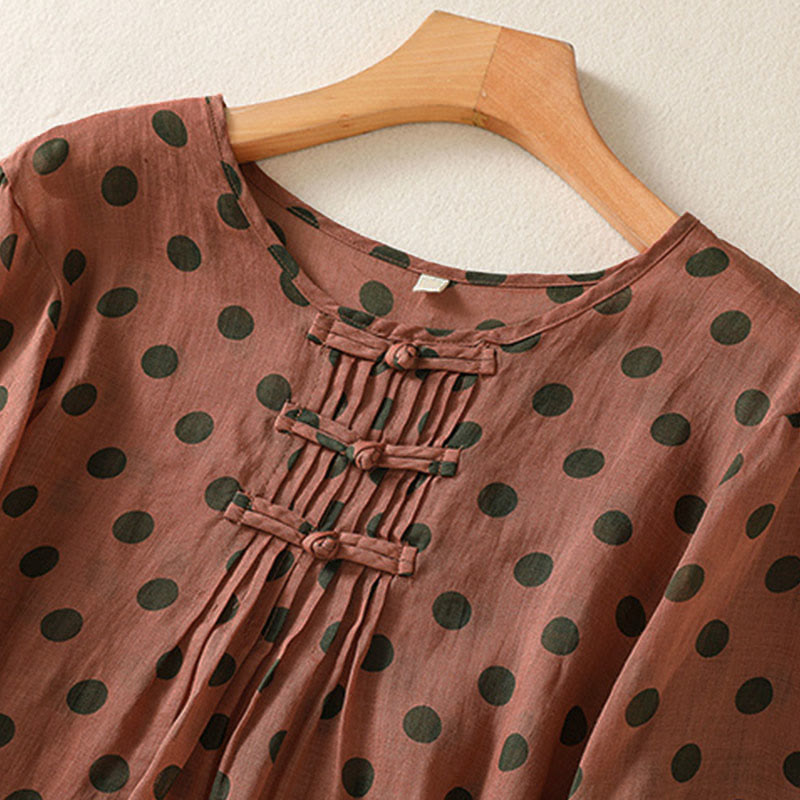 Buddha Stones Herbst Rundhals-Polka-Dots Langarm-Damen-Polyesterhemd  - image 1