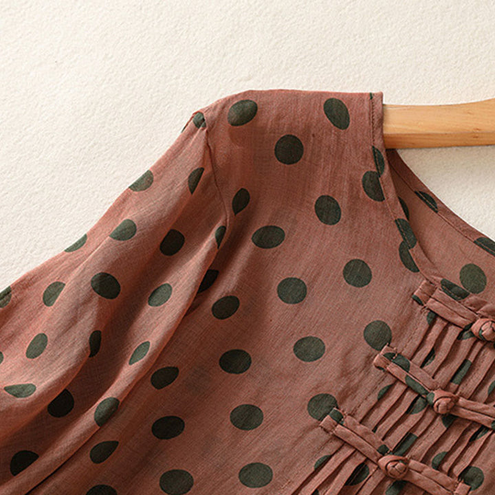 Buddha Stones Herbst Rundhals-Polka-Dots Langarm-Damen-Polyesterhemd  - image 2