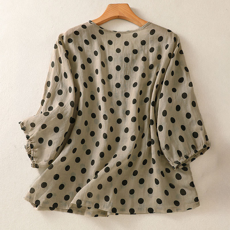 Buddha Stones Herbst Rundhals-Polka-Dots Langarm-Damen-Polyesterhemd  - image 16