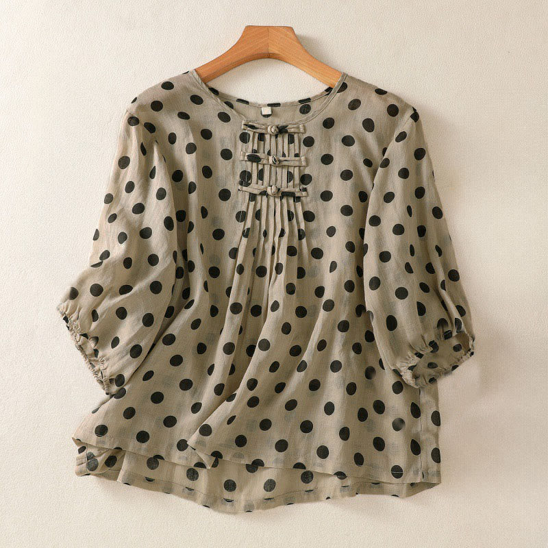 Buddha Stones Herbst Rundhals-Polka-Dots Langarm-Damen-Polyesterhemd  - Bräunen - US12, UK/AU16, EU44 (2XL) - image 15
