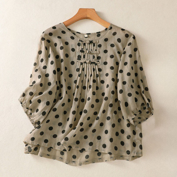 Buddha Stones Herbst Rundhals-Polka-Dots Langarm-Damen-Polyesterhemd  - Bräunen - US12, UK/AU16, EU44 (2XL) - image 15