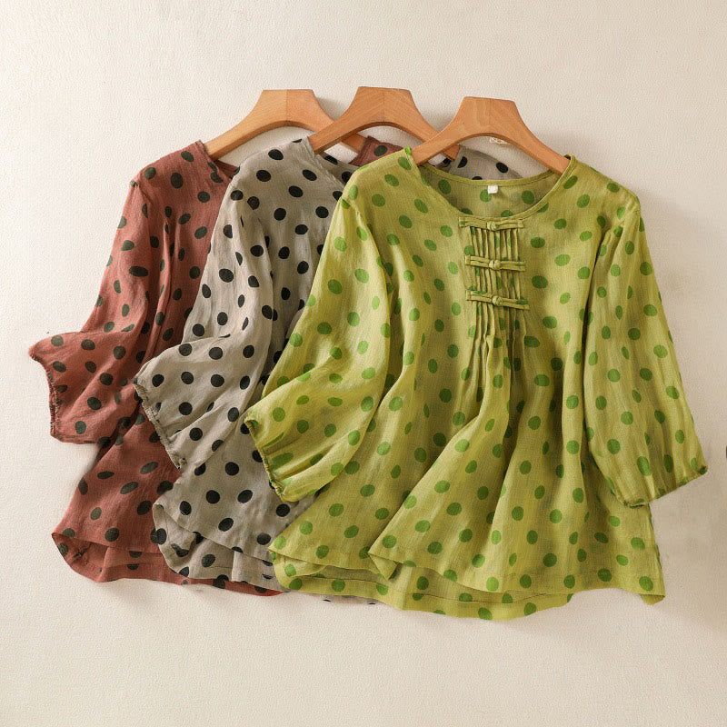 Buddha Stones Herbst Rundhals-Polka-Dots Langarm-Damen-Polyesterhemd  - image 27