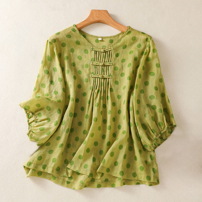 Buddha Stones Herbst Rundhals-Polka-Dots Langarm-Damen-Polyesterhemd  - Gelbgrün - US12, UK/AU16, EU44 (2XL) - image 7