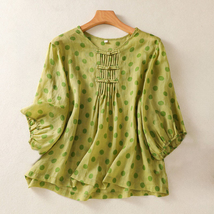 Buddha Stones Herbst Rundhals-Polka-Dots Langarm-Damen-Polyesterhemd  - Gelbgrün - US12, UK/AU16, EU44 (2XL) - image 7