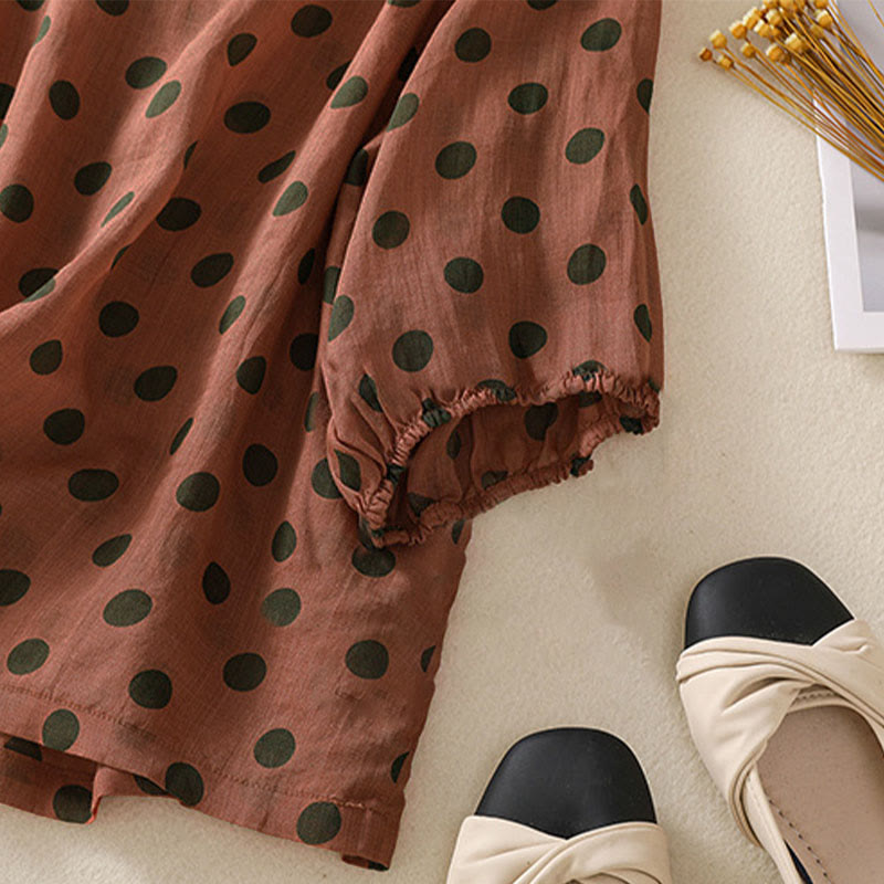 Buddha Stones Herbst Rundhals-Polka-Dots Langarm-Damen-Polyesterhemd  - image 3