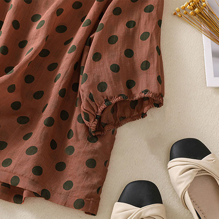 Buddha Stones Herbst Rundhals-Polka-Dots Langarm-Damen-Polyesterhemd  - image 3