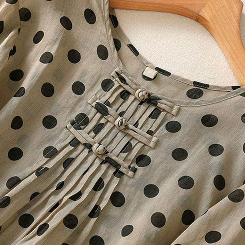 Buddha Stones Herbst Rundhals-Polka-Dots Langarm-Damen-Polyesterhemd  - image 19