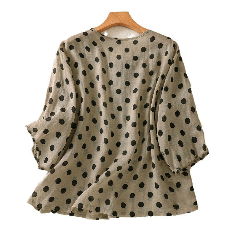 Buddha Stones Herbst Rundhals-Polka-Dots Langarm-Damen-Polyesterhemd  - image 17