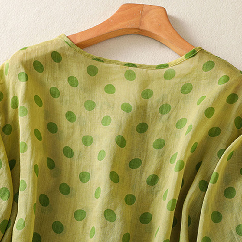 Buddha Stones Herbst Rundhals-Polka-Dots Langarm-Damen-Polyesterhemd  - image 14