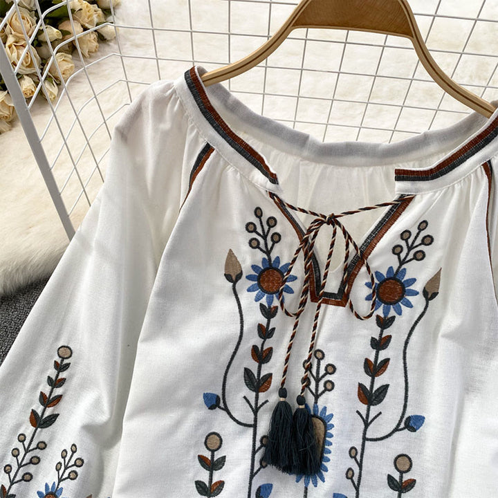 Lässiges T-Shirt mit Buddha Stones -Stickerei, Blumen- und Blattmuster, Damen-Baumwoll-Leinen-Mischgewebe, Rundhalsausschnitt  - image 14