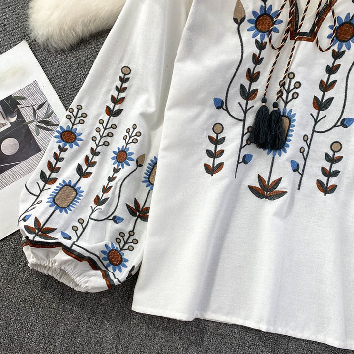 Lässiges T-Shirt mit Buddha Stones -Stickerei, Blumen- und Blattmuster, Damen-Baumwoll-Leinen-Mischgewebe, Rundhalsausschnitt  - image 13