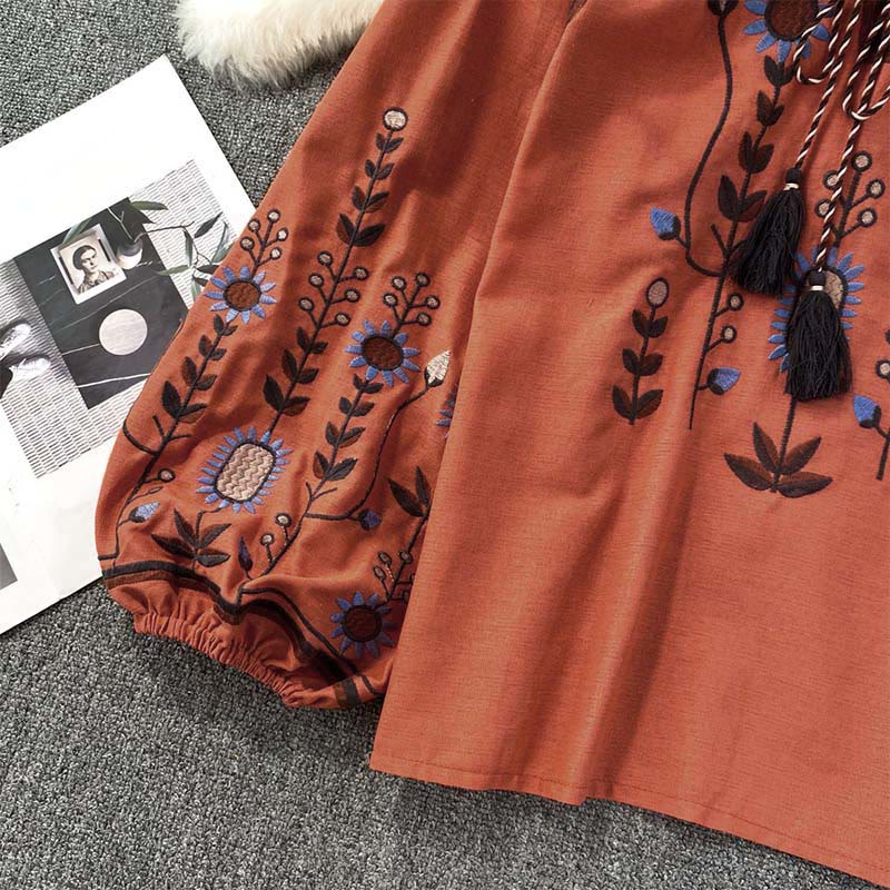 Lässiges T-Shirt mit Buddha Stones -Stickerei, Blumen- und Blattmuster, Damen-Baumwoll-Leinen-Mischgewebe, Rundhalsausschnitt  - image 20