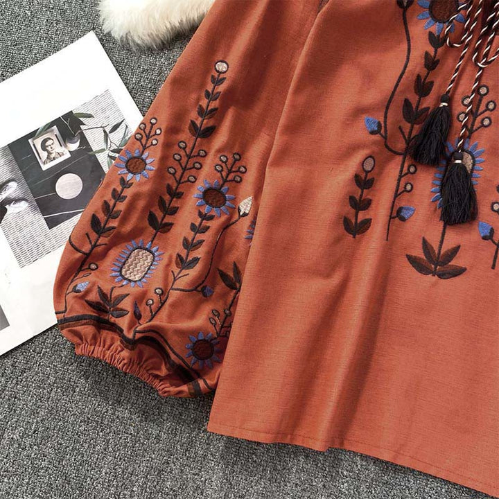 Lässiges T-Shirt mit Buddha Stones -Stickerei, Blumen- und Blattmuster, Damen-Baumwoll-Leinen-Mischgewebe, Rundhalsausschnitt  - image 20