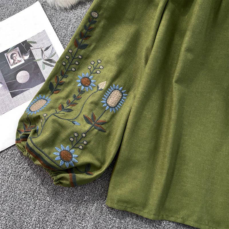 Lässiges T-Shirt mit Buddha Stones -Stickerei, Blumen- und Blattmuster, Damen-Baumwoll-Leinen-Mischgewebe, Rundhalsausschnitt  - image 8