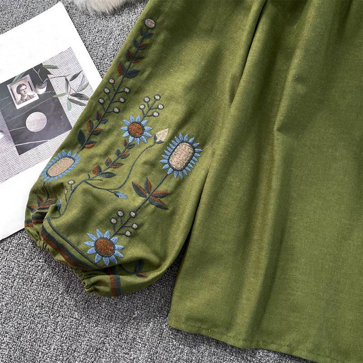 Lässiges T-Shirt mit Buddha Stones -Stickerei, Blumen- und Blattmuster, Damen-Baumwoll-Leinen-Mischgewebe, Rundhalsausschnitt  - image 8