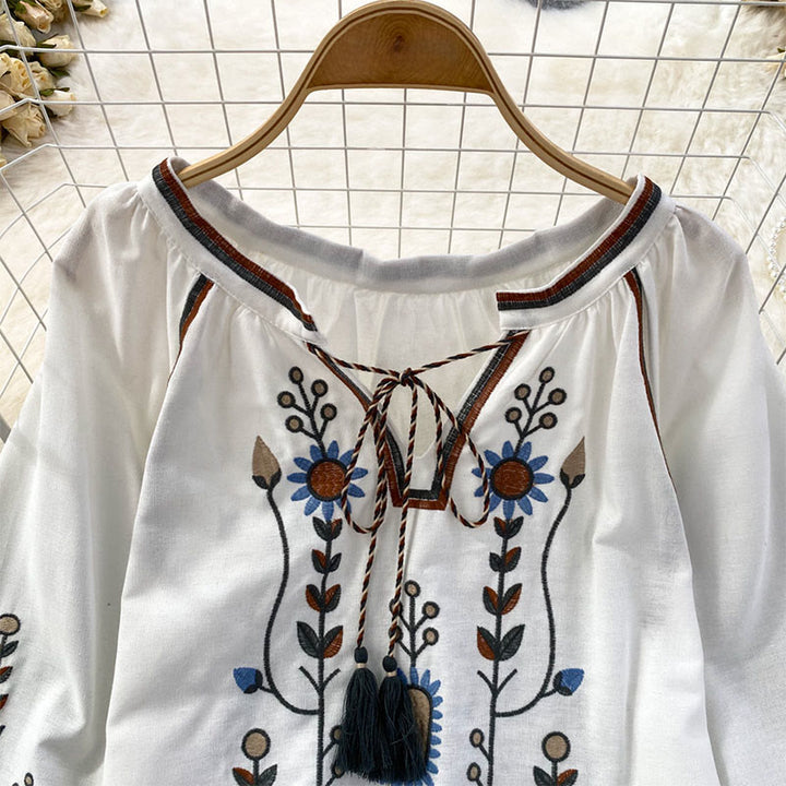Lässiges T-Shirt mit Buddha Stones -Stickerei, Blumen- und Blattmuster, Damen-Baumwoll-Leinen-Mischgewebe, Rundhalsausschnitt  - image 12
