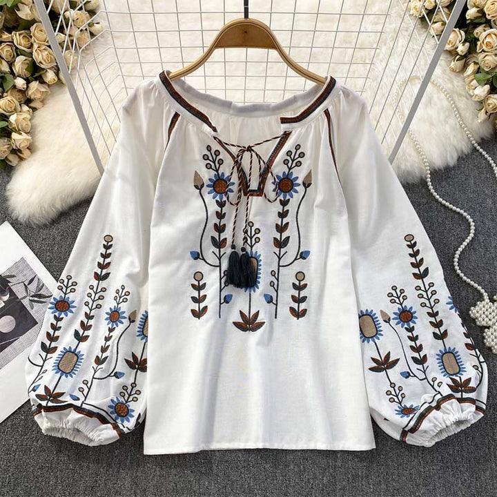 Lässiges T-Shirt mit Buddha Stones -Stickerei, Blumen- und Blattmuster, Damen-Baumwoll-Leinen-Mischgewebe, Rundhalsausschnitt  - Weiß - US4-6, UK/AU8-10, EU36-38 (F) - image 11
