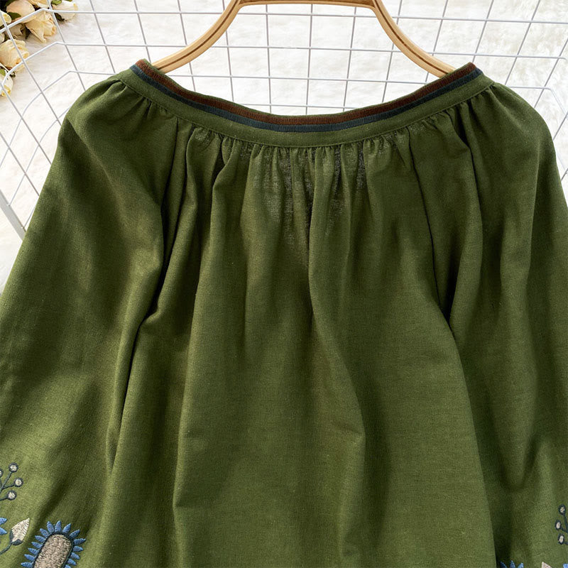 Lässiges T-Shirt mit Buddha Stones -Stickerei, Blumen- und Blattmuster, Damen-Baumwoll-Leinen-Mischgewebe, Rundhalsausschnitt  - image 10