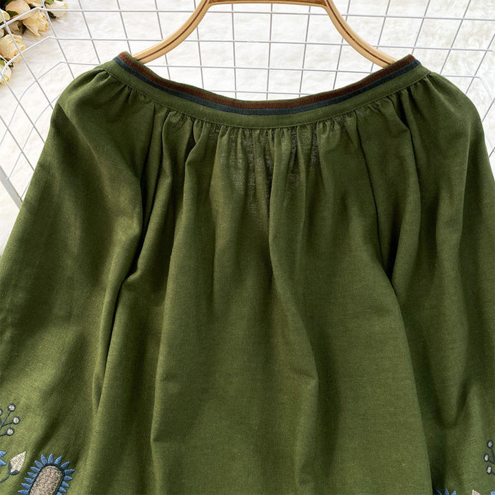 Lässiges T-Shirt mit Buddha Stones -Stickerei, Blumen- und Blattmuster, Damen-Baumwoll-Leinen-Mischgewebe, Rundhalsausschnitt  - image 10