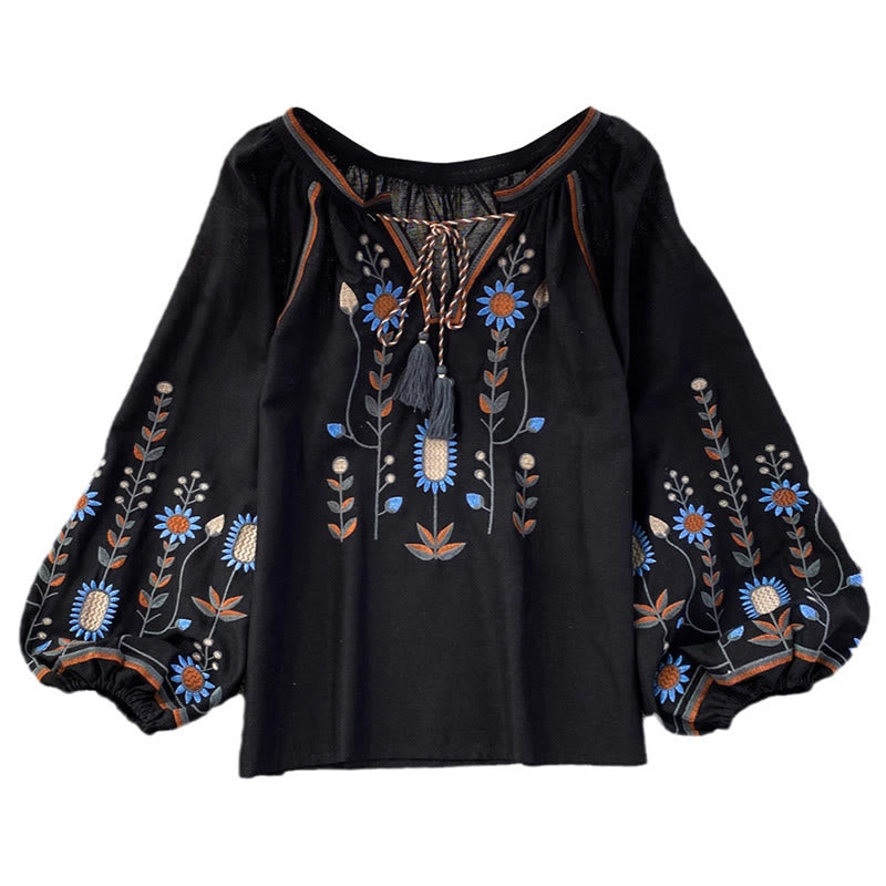 Lässiges T-Shirt mit Buddha Stones -Stickerei, Blumen- und Blattmuster, Damen-Baumwoll-Leinen-Mischgewebe, Rundhalsausschnitt  - image 16