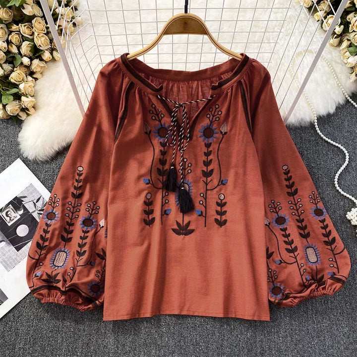Lässiges T-Shirt mit Buddha Stones -Stickerei, Blumen- und Blattmuster, Damen-Baumwoll-Leinen-Mischgewebe, Rundhalsausschnitt  - Tomate - US4-6, UK/AU8-10, EU36-38 (F) - image 17