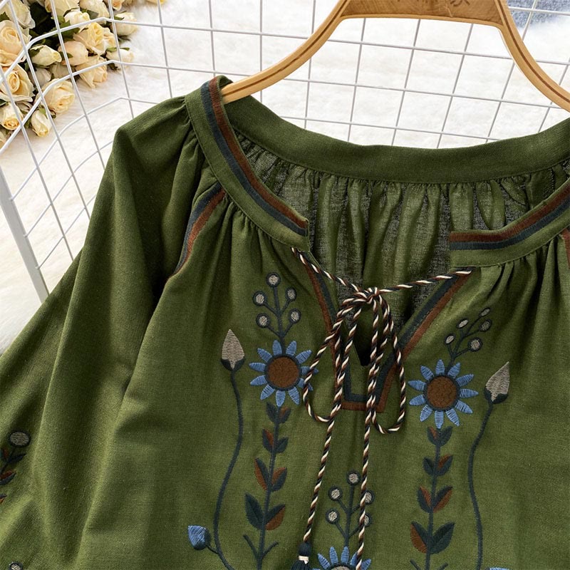 Lässiges T-Shirt mit Buddha Stones -Stickerei, Blumen- und Blattmuster, Damen-Baumwoll-Leinen-Mischgewebe, Rundhalsausschnitt  - image 4