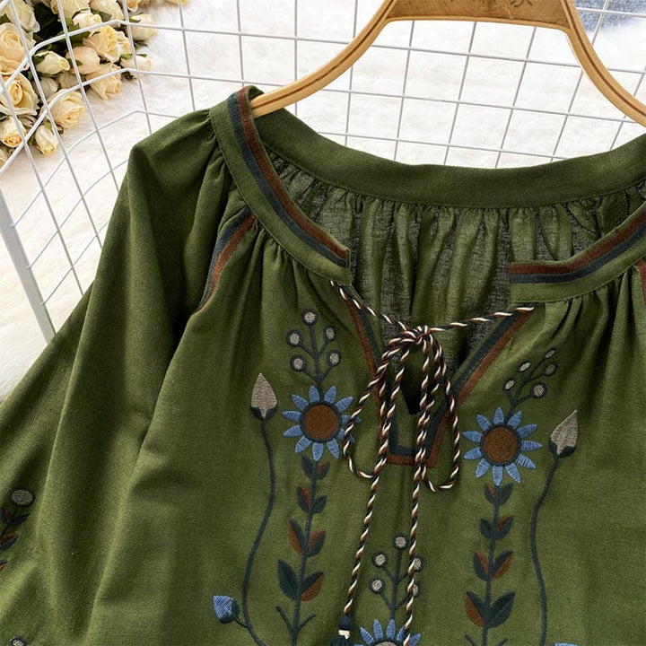 Lässiges T-Shirt mit Buddha Stones -Stickerei, Blumen- und Blattmuster, Damen-Baumwoll-Leinen-Mischgewebe, Rundhalsausschnitt  - image 4