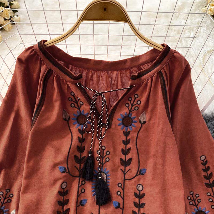 Lässiges T-Shirt mit Buddha Stones -Stickerei, Blumen- und Blattmuster, Damen-Baumwoll-Leinen-Mischgewebe, Rundhalsausschnitt  - image 18