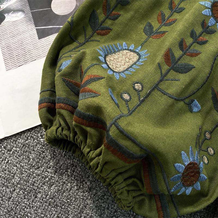 Lässiges T-Shirt mit Buddha Stones -Stickerei, Blumen- und Blattmuster, Damen-Baumwoll-Leinen-Mischgewebe, Rundhalsausschnitt  - image 6