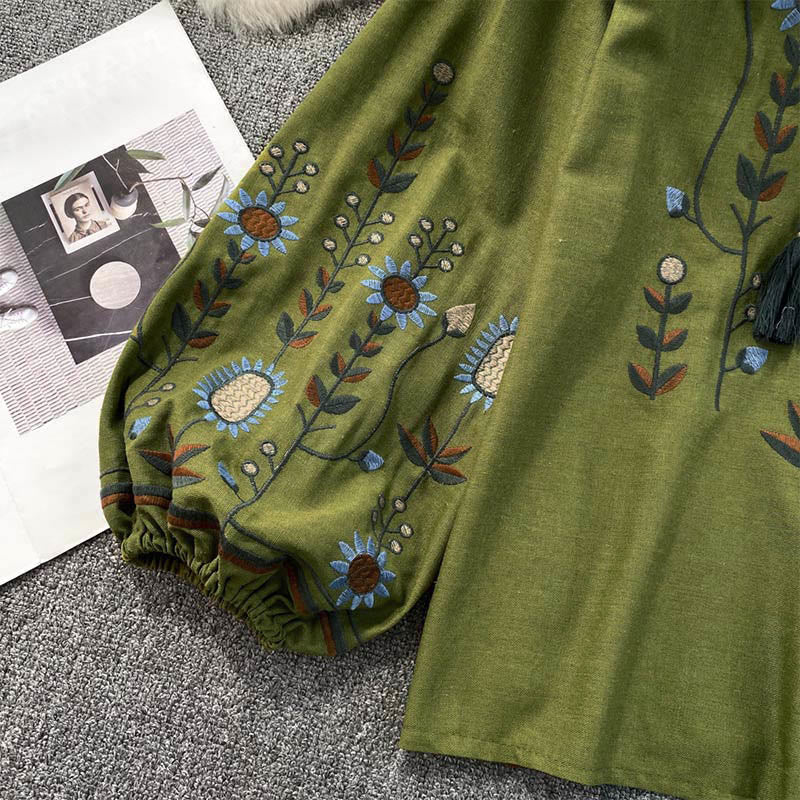 Lässiges T-Shirt mit Buddha Stones -Stickerei, Blumen- und Blattmuster, Damen-Baumwoll-Leinen-Mischgewebe, Rundhalsausschnitt  - image 5