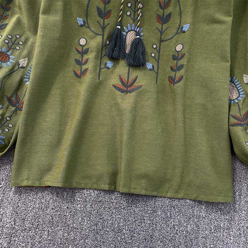 Lässiges T-Shirt mit Buddha Stones -Stickerei, Blumen- und Blattmuster, Damen-Baumwoll-Leinen-Mischgewebe, Rundhalsausschnitt  - image 7