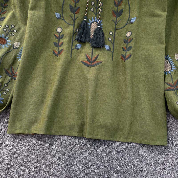 Lässiges T-Shirt mit Buddha Stones -Stickerei, Blumen- und Blattmuster, Damen-Baumwoll-Leinen-Mischgewebe, Rundhalsausschnitt  - image 7