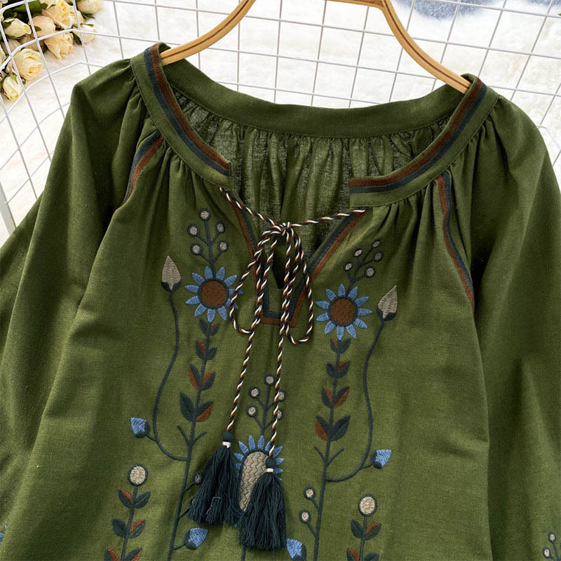 Lässiges T-Shirt mit Buddha Stones -Stickerei, Blumen- und Blattmuster, Damen-Baumwoll-Leinen-Mischgewebe, Rundhalsausschnitt  - image 2