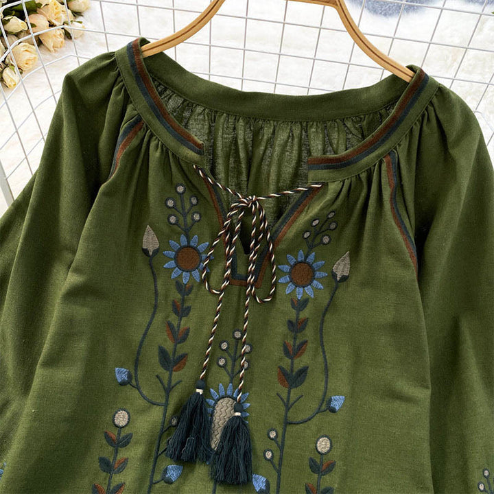 Lässiges T-Shirt mit Buddha Stones -Stickerei, Blumen- und Blattmuster, Damen-Baumwoll-Leinen-Mischgewebe, Rundhalsausschnitt  - image 2