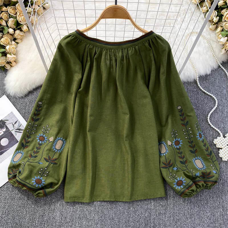 Lässiges T-Shirt mit Buddha Stones -Stickerei, Blumen- und Blattmuster, Damen-Baumwoll-Leinen-Mischgewebe, Rundhalsausschnitt  - image 1
