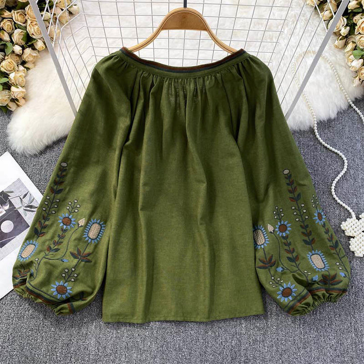 Lässiges T-Shirt mit Buddha Stones -Stickerei, Blumen- und Blattmuster, Damen-Baumwoll-Leinen-Mischgewebe, Rundhalsausschnitt  - image 1
